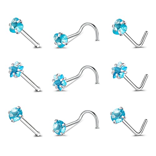 ZS 20G Nose Stud Rings Set, Stainless Steel CZ Nose Piercing Jewelry | Hypoallergenic Nose Bone Rings, L Shaped & Screw Nose Studs, 3mm CZ Stone Nostril Jewelry for Women Men - color: 9pcs Mixed style(Blue)