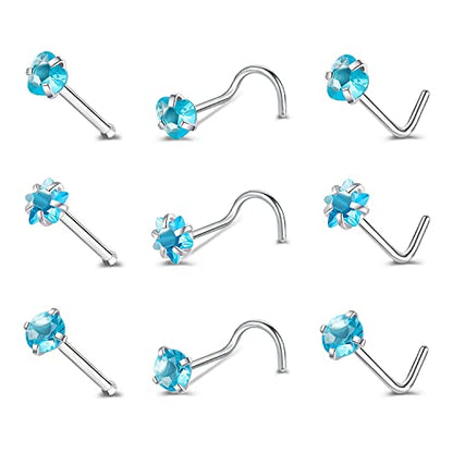 ZS 20G Nose Stud Rings Set, Stainless Steel CZ Nose Piercing Jewelry | Hypoallergenic Nose Bone Rings, L Shaped & Screw Nose Studs, 3mm CZ Stone Nostril Jewelry for Women Men - color: 9pcs Mixed style(Blue)