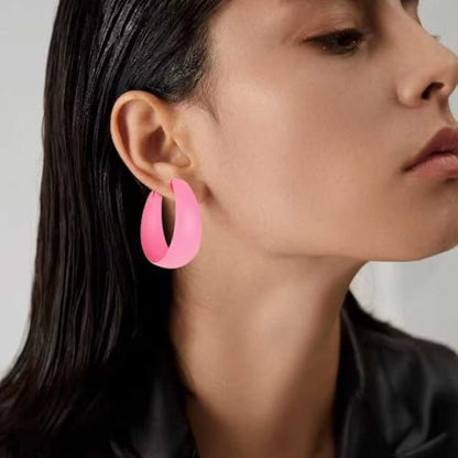Anmpab Large Matte Round Hoop Earrings for Women Retro Geometric Pierced Neon Color Circle Dangle Earrings Party Jewelry - color: Pink