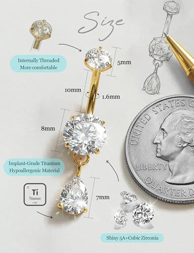 Tungary G23 Titanium Belly Button Rings for Women 14G Internally Threaded | Hypoallergenic Long Navel Piercing Jewelry, 3/8" Implant Grade Dangle Belly Button Piercing, 5A CZ, with Vacuum PVD Finish - color: Drop: 14K Gold Plated