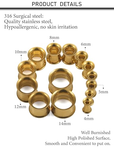 12G-25mm Double Flared Gauges Tunnels Stretching Kit 316L Surgical Steel Ear Gauges Plugs Earring Lobe flesh Tunnel Gauge Stretcher Silver Black Gold Color Tone - color: Gold, size: 6g/4g/2g/0g/00g/12mm/14mm
