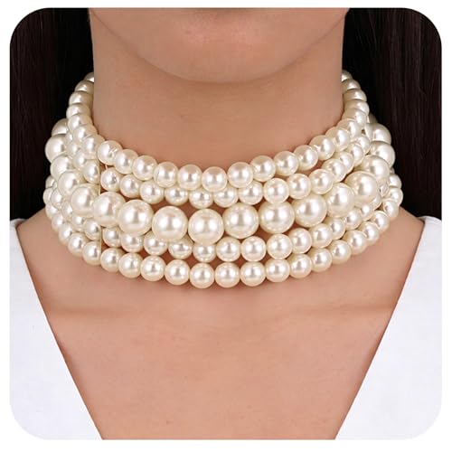 Yolev 5 Layers Boho Round Imitation Pearl Choker Necklace Vintage Multi Strands Pearl Collar Pearl Choker Necklaces for Women Bridal Wedding 20s Flapper Themed Party
