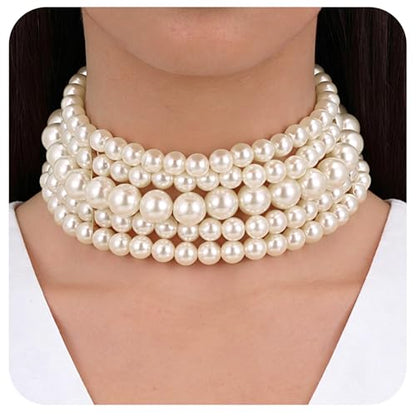 Yolev 5 Layers Boho Round Imitation Pearl Choker Necklace Vintage Multi Strands Pearl Collar Pearl Choker Necklaces for Women Bridal Wedding 20s Flapper Themed Party
