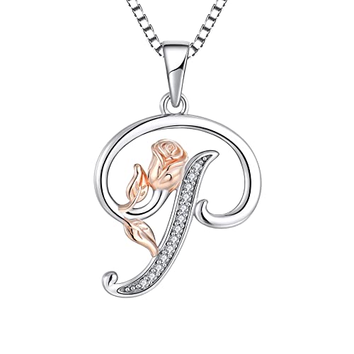STARCHENIE Initial Necklace for Women Sterling Silver Letters 26 Alphabet Pendant Rose Flower Jewelry Gifts for Family Sisters Friend - color: P