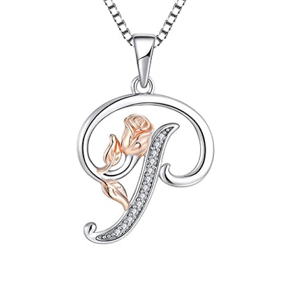 STARCHENIE Initial Necklace for Women Sterling Silver Letters 26 Alphabet Pendant Rose Flower Jewelry Gifts for Family Sisters Friend - color: P