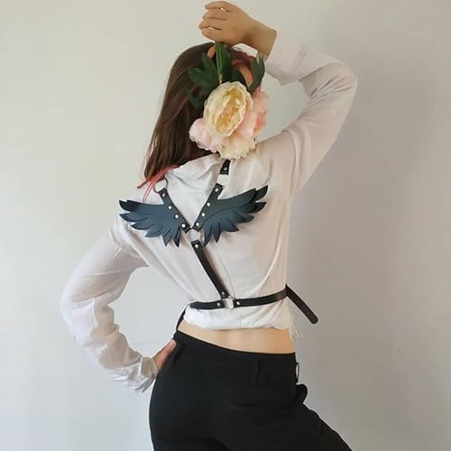 Punk Black PU Leather Body Harness Belt with Wings, Men Women Gothic Chest Chain Shoulder Waist Belt Nightclub Party Rave Body Chain Roleplay Cosplay Halloween Body Accessories Jewelry