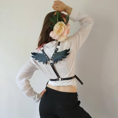 Punk Black PU Leather Body Harness Belt with Wings, Men Women Gothic Chest Chain Shoulder Waist Belt Nightclub Party Rave Body Chain Roleplay Cosplay Halloween Body Accessories Jewelry
