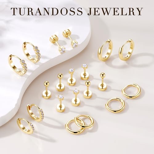Turandoss 10 Pairs Gold Hoop Earrings for Women | 14K Gold Plated Stud Hoop Earrings, Flat Back, Cartilage Earring Stacks, Multiple Piercing, Hypoallergenic - color: 14K Gold Plated