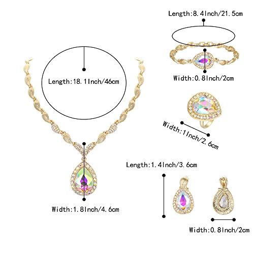 Womens Africa 18k Gold Plated Jewelry Set Crystal Rhinestones Petals Teardrop Cluster Bib Statement Necklace Link Bracelet Dangle Earrings Ring for Prom - color: 05Iridescent AB Gold-Plated-Base