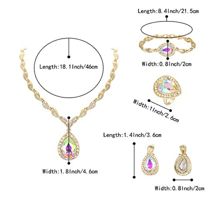 Womens Africa 18k Gold Plated Jewelry Set Crystal Rhinestones Petals Teardrop Cluster Bib Statement Necklace Link Bracelet Dangle Earrings Ring for Prom - color: 05Iridescent AB Gold-Plated-Base