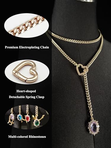 Women's Heart O-Ring Slip Chain Necklace, Double Layered Adjustable 39'' Cuban Chain with Detachable Heart Clasp and Colorful Rhinestone Pendant - color: 39'' Gold-Amethyst Purple
