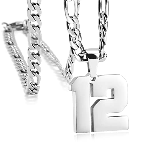Personalized Number Necklaces for Mens,Stainless Steel Number Pendant Chain | Athletes Jersey Number Necklace;Baseball Basketball Football Sport Teams;Birthday Graduate Gift;Womens Mens Player - color: Silver, style: 12 Silver