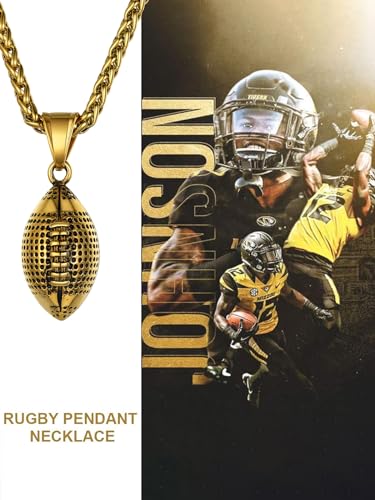 GOLDCHIC JEWELRY Sport Necklaces for Men Teen, Football Baseball Soccer Basketball Softball Necklaces with Stainless Steel Chain Athlete Jewelry Sports Fan Gift - color: American Football Pendant-Gold, style: NO Engraving