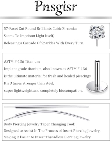 F136 Titanium 20/18/16G Earrings Nose Lip Rings Medusa Tragus Cartilage Helix Labret Flat Back Threadless Implant Grade Stud Piercing Jewelry for Women - color: White CZ, size: 16g*6/8/10mm*2/3/4mm