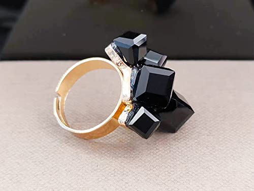 Hebelee Boho Square Crystal Statement Ring for Women Adjustable | Gold-Toned Expandable Promise Engagement Geometric Rings Comfort Fit Elegant Art Deco Christmas Cocktail Y2K Jewelry - color: Black