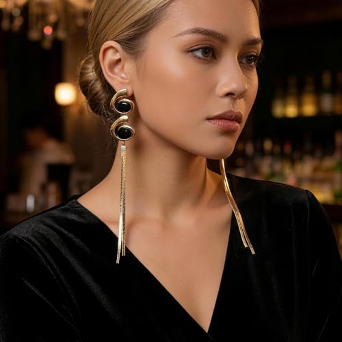 Black and Gold Earrings for Women,Geometric Statement Dangle Earrings with Long Snake Chain Tassel Pendant Earring - color: Gold