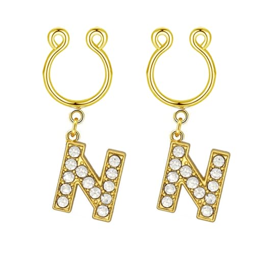 2Pcs Fake Nipple Rings Name Initial Letter Nipple Clamps for Women Non Piercing Beginner Cubic Zirconia Non Piercing Nipple Jewelry - color: N