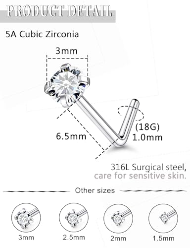 18G 20G 14K Gold Filled Nose Rings Studs Piercing Jewelry For Women Men 316L Surgical Steel Round Square Cubic Zirconia Nose Rings Studs Nostrial Piercing Jewelry CZ 1.5mm 2mm 2.5mm 3mm - color: Silver, size: 18 Gauge-L Shaped-Round CZ