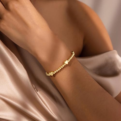M MOOHAM Gold Beaded Charm Bracelets for Women Girls Non Tarnish | 14K Gold Plated, Dainty CZ Heart Smile Face Cross Charm Stretch Bead Bracelet for Women Teenage Teen Girls - color: Heart