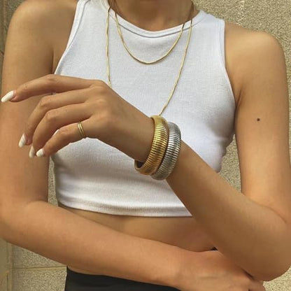 Gold Chunky Stretch Snake Chain Bangle Bracelets Stack for Women Trendy, 18K Gold Filled Stainless Steel Stretchy Womens Stackable Wristband Bangles Bracelet Set - style: GOLD&SILVER 20MM