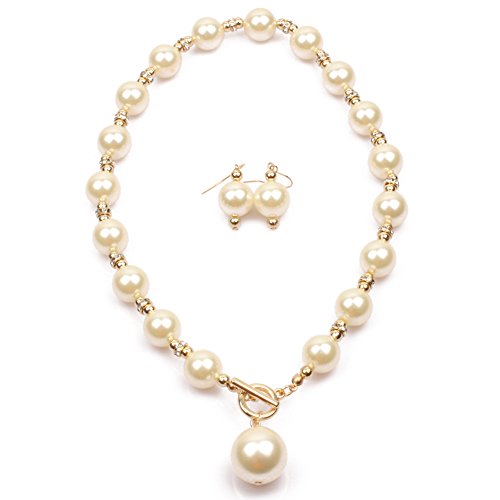 COLORFUL BLING Chunky Multicolor Simulated Pearl Choker Necklace Drop Dangle Earrings Bracelet Set Crystal Bib Big Large Round Beaded Strand for Women Brides Costume Statement 1920s Wedding Jewelry - color: White