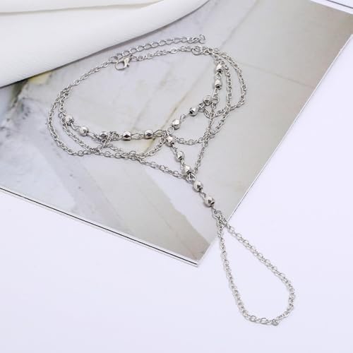 Kokoma Beaded Barefoot Sandal Anklet for Women Multi-Layered Link Tassel Anklet with Toe Ring Wedding Beach Foot Chain Fashion Jewelry - color: Silver