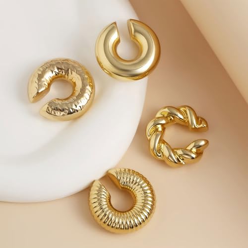 4pcs Chunky Gold Silver Ear Cuff Set for Women Punk Metallic Twist Non Piercing Clip Cuff Earrings Trendy Jewelry Set for Daily Party - style: style A
