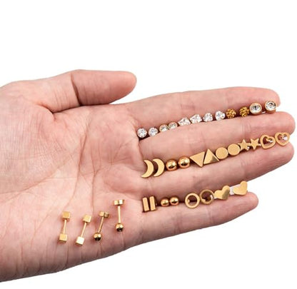 18Pairs 20G 18G Stainless Steel Tiny Stud Earrings for Women Cartilage Helix Earrings Ball Star CZ Earrings - color: Gold, size: 20G