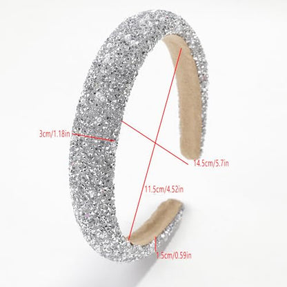 Glitter Crystal Headband for Women - Sparkly Bling Diamond Wide Hairband With Sparkle Beaded Crystals, Thick Padded, Non-Slip Hair Hoop for Party (White, L) - color: White