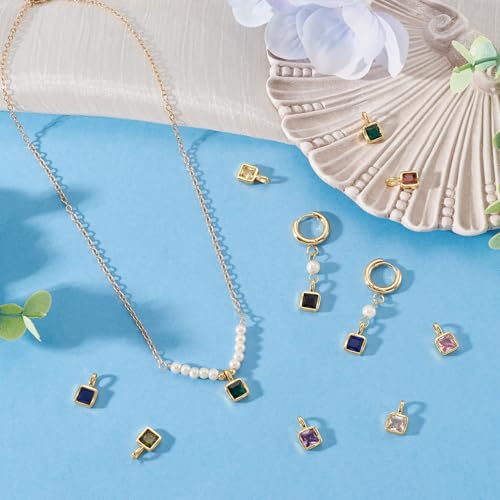 Beadthoven 9Pcs Gold Plated Cubic Zirconia Charms Square Crystal Rhinestone Charms Dangle Bead Long-Lasting Brass Birthstone Pendants for Jewelry Making Necklace Earrings Bracelet DIY Craft - color: Square Mix