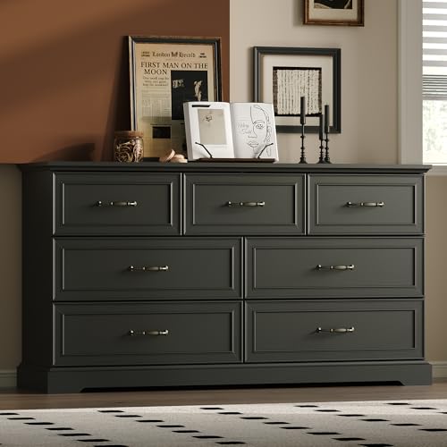 Farmhouse 7 Drawers Dresser for Bedroom, 57" Wide Modern Chest of Drawers with Deep Drawers & Bar Handles, Rustic Wood Dresser TV Stand, Wooden Closet Storage Organizer for Living Room, Hallway, Black - color: Black, size: 15.8"D x 57.1"W x 31.1"H (7 Draw