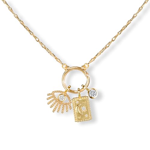 Charm Pendant Necklace Gold Plated Zircon Evil Eye Moon Star Celestial Talisman Layering Piece Statement Jewelry for Women