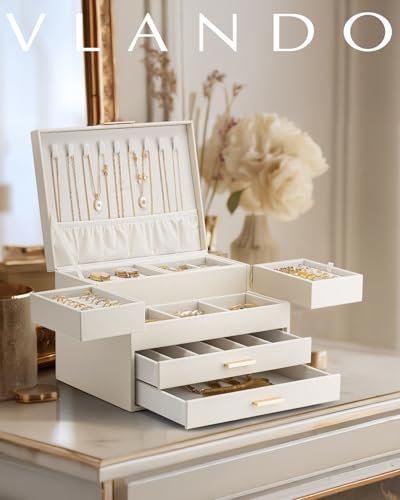 VLANDO Jewelry Box,4-Layer Design with Retractable Tray and 2 Drawers | Separate Necklaces,Rings,Bracelets,Earrings Organizer Areas,Watches Pillow,Birthday Gift,Vanity - color: A.Cloud White, size: 4-Layer