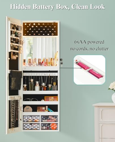 LUXFURNI Wall & Door‑Mounted Storage Jewelry Armoire Cabinet with Mirror | Built‑in LED Mirror, Acrylic Lipstick Tray, 4 Clear Drawers, Large Velvet‑Lined Storage, Full Length Mirror Lockable - style: Square Shaped White