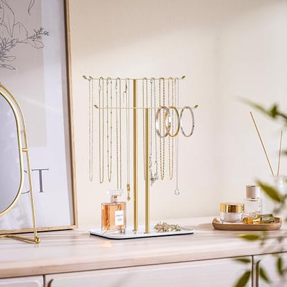 pickpiff Necklace Holder Jewelry Organizer Stand – 2‑Tier T‑Bar Jewelry Display Tree with Tray for Countertop Necklace Bracelet Earring Storage, Vanity Dresser Bathroom Sink, Gold - color: Gold