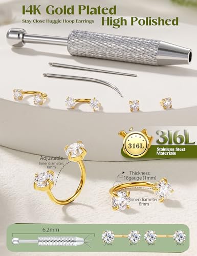 ORAZIO Half Huggie Earrings Jacket Pack for Women Backless Hoop Earring 18G | Hypoallergenic Surgical Steel Arc Hoop Backless No Back Stacks Set Small CZ Screwback Studs Jewelry Gift for Women Men Trendy - color: Gold Plated-Style1 CZ