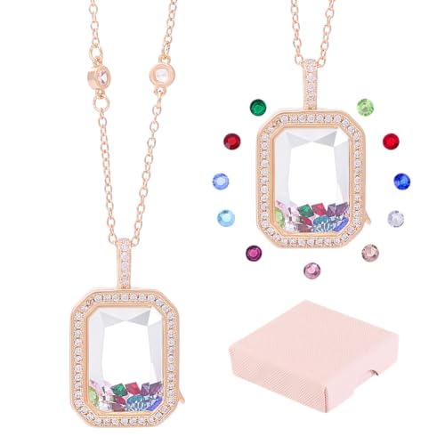 13Pcs Heart Floating Locket Pendant Necklaces Golden Locket Pendant Necklace Memory Metal Necklace with Colorful Glass Cabochons 18.11 inch Long for Women Friendship Memory Nostalgic - color: Gold Rectangle