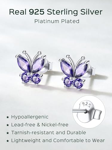 ChicSilver 925 Sterling Silver Bow/Butterfly Earrings for Women Hypoallergenic Birthstone Earrings Dainty Bow/Butterfly Jewelry Gift for Women - color: Butterfly-February-Amethyst