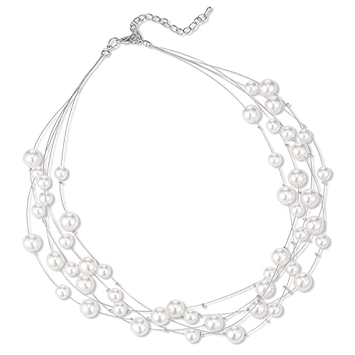 FULU AUTUMN Layered Pearl Necklace Multi-strand Pearl Choker Necklaces for Women Beaded jewelry for Wedding Parties - color: White