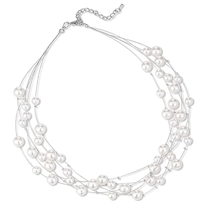 FULU AUTUMN Layered Pearl Necklace Multi-strand Pearl Choker Necklaces for Women Beaded jewelry for Wedding Parties - color: White