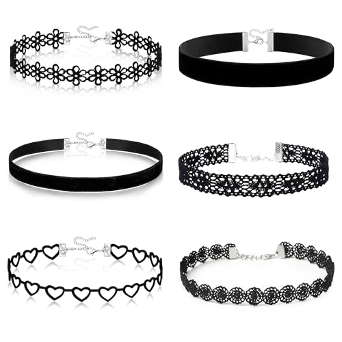 D.Bella 6Pcs Black Lace Choker Necklace Set for Women Gothic Velvet Heart Flower Hollow Chokers Collar Necklace - color: A-6PCS