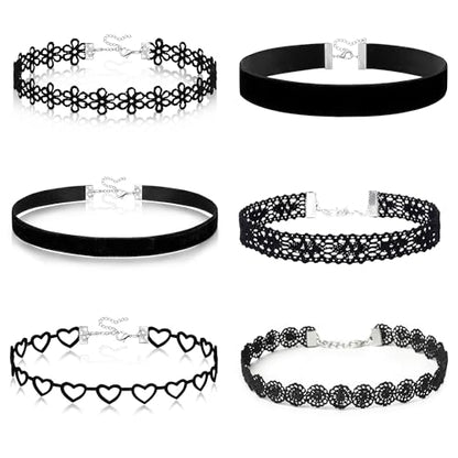 D.Bella 6Pcs Black Lace Choker Necklace Set for Women Gothic Velvet Heart Flower Hollow Chokers Collar Necklace - color: A-6PCS