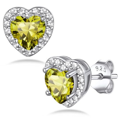 Bestyle Sparkling 925 Sterling Silver Birthstone Stud Earrings for Women, Heart/Round/Teardrop/Square Solitaire Diamond Studs Earrings, Great Birthday/Christmas Gifts - style: 08. Yellow Peridot-Aug.-heart