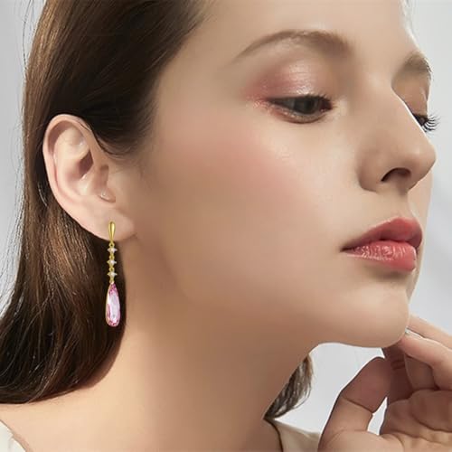 VONSSY Austrian Crystal Teardrop Drop Dangle Earrings Gold Plated Silver Post Zircon Gemstone Jewelry Gift for Woman Girlfriend Mom Wife - color: Pink