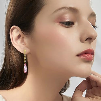 VONSSY Austrian Crystal Teardrop Drop Dangle Earrings Gold Plated Silver Post Zircon Gemstone Jewelry Gift for Woman Girlfriend Mom Wife - color: Pink
