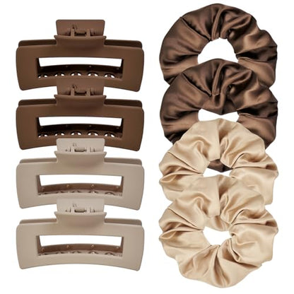 8pcs Hair Claws and Scrunchies – 4 Square Hair Clips for Women, 4 Satin Hair Scrunchies for Thick Thin Hair, Non-Slip Matte Hair Claws, Back to School Accessories, Daily Use - Beige & Brown - color: Apricot and Coffee Duo