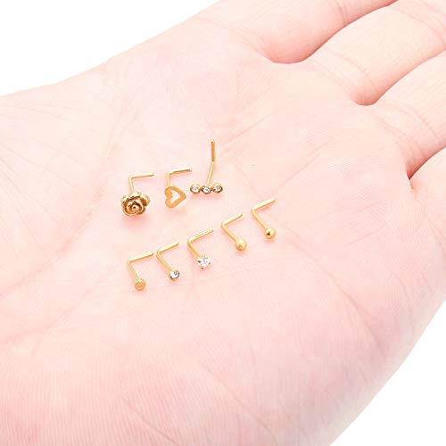 SCERRING 20G 8PCS Stainless Steel Flower Rose Heart L-Shaped Nose Stud Rings Piercing Jewelry Clear Cubic Zirconia - color: 8PCS - Gold
