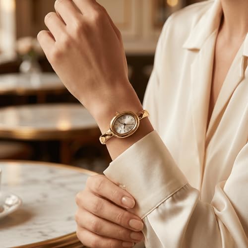 Women's Oval Bangle Watch, Elegant Open-Cuff Bracelet Wrist Watch with Roman Numeral Dial, Minimalist Luxury Fashion Quartz Watch for Ladies - color: Gold/White