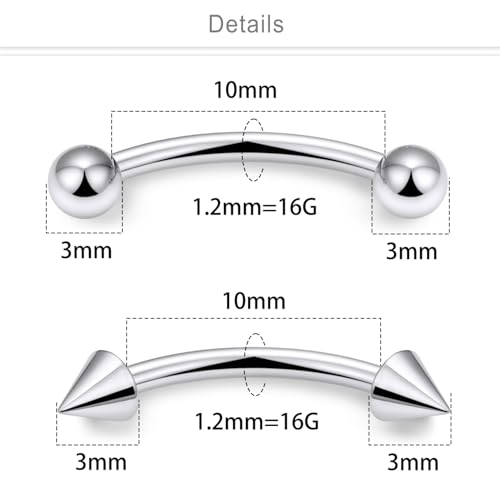 Eyebrow Piercing Jewelry Titanium Curved Barbell 16g Tiny Eyebrow Ring Vertical Labret Lip Jewelry Ear Rook Navel Small Belly Button Ring for Women Men - color: 16g,10mm