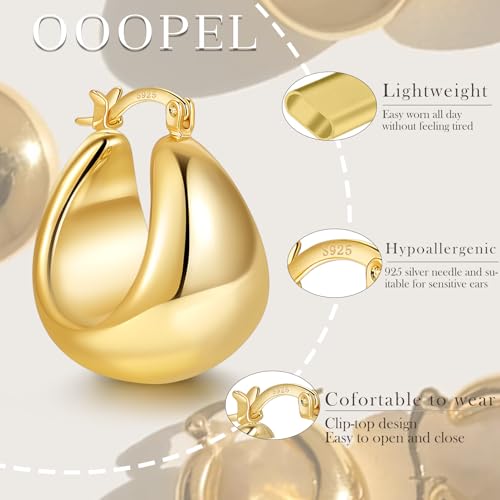 OOOPEL Gold Hoop Earrings for Women,925 Sterling Silver Chunky Hoop Earrings Hypoallergenic Lightweight 14K Gold Plated Thick Gold Hoops for Women 22mm 26mm - color: Gold-26MM